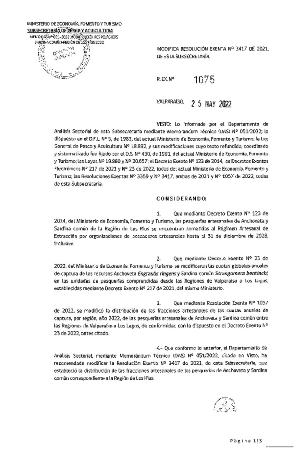 Res. Ex. N° 1075-2022 Modifica Res. Ex. N° 3417-2021 Distribución de la Fracción Artesanal de Pesquería de Anchoveta y Sardina Común, Región de Los Ríos, Año 2022. (Publicado en Página Web 27-05-2022)