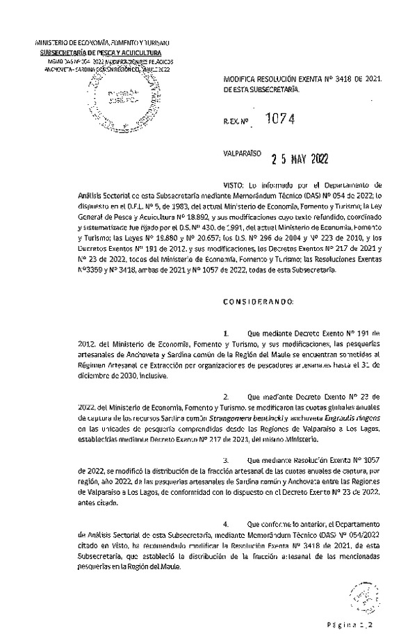 RV: Res. Ex. N° 1074-2022 Modifica Res. Ex. N° 3418-2021 Distribución de la Fracción Artesanal de Pesquería de Anchoveta y Sardina Común, Región del Maule, Año 2022. (Publicado en Página Web 27-05-2022)