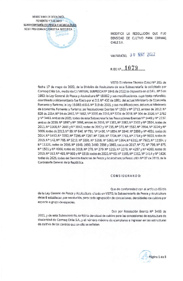 Res. Ex. N° 1079-2022 Modifica Res. Ex. N° 3463-2021 Fija densidad de cultivo para Cermaq Chile S.A. (Publicado en Página Web 30-05-2022)