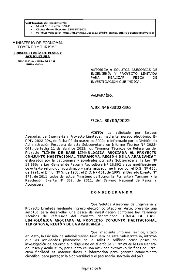 R. EX. Nº E-2022-296 LÍNEA DE BASE LIMNOLÓGICA ASOCIADA AL PROYECTO CONJUNTO HABITACIONAL TERRANOVA, REGIÓN DE LA ARAUCANÍA. (Publicado en Página Web 30-05-2022)