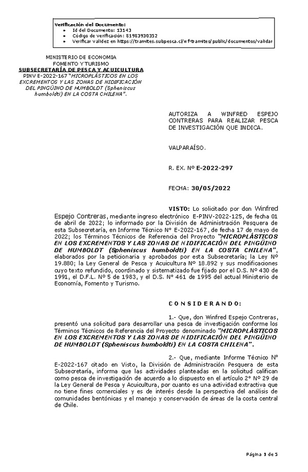 R. EX. Nº E-2022-297 MICROPLÁSTICOS EN LOS EXCREMENTOS Y LAS ZONAS DE NIDIFICACIÓN DEL PINGÜINO DE HUMBOLDT (Spheniscus humboldti) EN LA COSTA CHILENA. (Publicado en Página Web 30-05-2022)