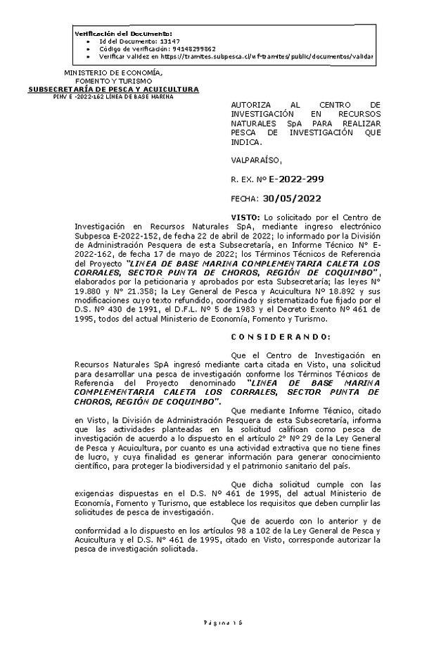 R. EX. Nº E-2022-299 LINEA DE BASE MARINA COMPLEMENTARIA CALETA LOS CORRALES, SECTOR PUNTA DE CHOROS, REGIÓN DE COQUIMBO. (Publicado en Página Web 30-05-2022)