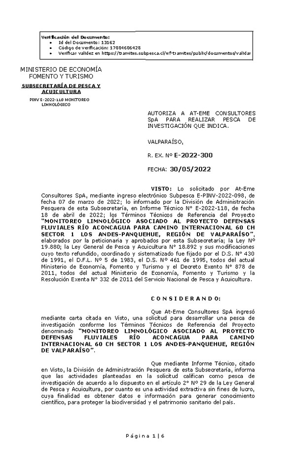 R. EX. Nº E-2022-300 MONITOREO LIMNOLÓGICO ASOCIADO AL PROYECTO DEFENSAS FLUVIALES RÍO ACONCAGUA PARA CAMINO INTERNACIONAL 60 CH SECTOR 1 LOS ANDES-PANQUEHUE, REGIÓN DE VALPARAÍSO. (Publicado en Página Web 30-05-2022)