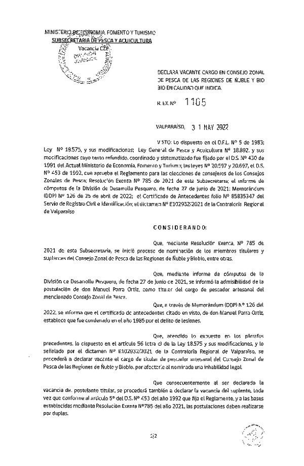 Res. Ex. N° 1105-2022 Declara Vacante Cargo en Consejo Zonal de Pesca de las Regiones de Ñuble y Biobío en Calidad que Indica. (Publicado en Página Web 01-06-2022)