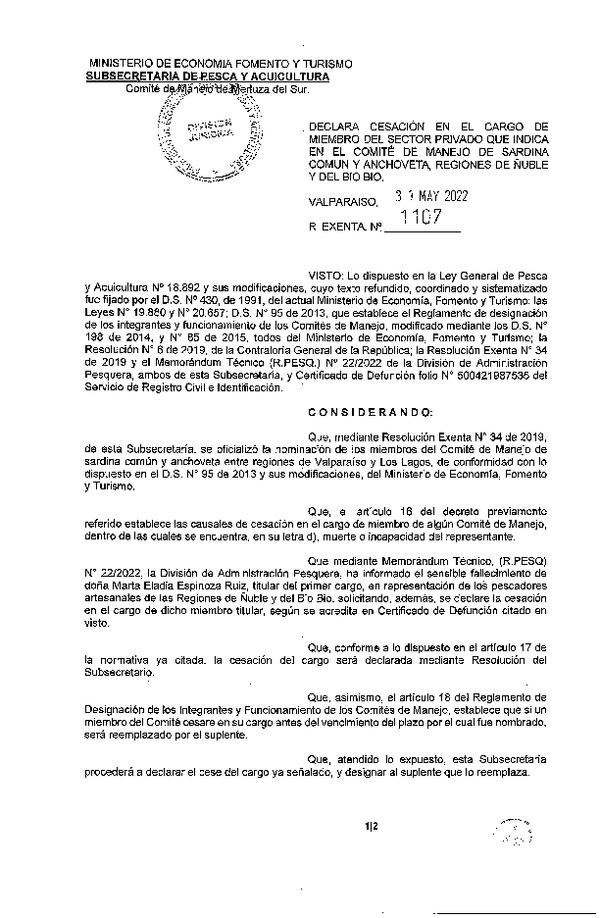 Res. Ex. N° 1107-2022 Declara Cesación en el Cargo de Miembro del Sector Privado que Indica, en el Comité de Manejo, Pesquería de Sardina común y Anchoveta, Regiones de Ñuble y del Biobío. (Publicado en Página Web 01-06-2022)