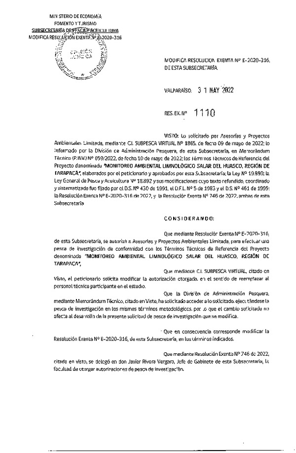Res. Ex. N° 1110-2022 Modifica R. EX. Nº E-2020-316 Monitoreo Ambiental Limnológico Salar del Huasco, Región de Tarapacá. (Publicado en Página Web 01-06-2022)