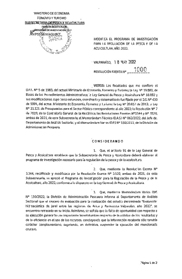 Res. Ex. N° 1000-2022 Modifica Res. Ex. N° 3344-2021 Aprueba Programa de Investigación para la Regulación de la Pesca y de la Acuicultura, Año 2022. (Publicado en Página Web 01-06-2022)