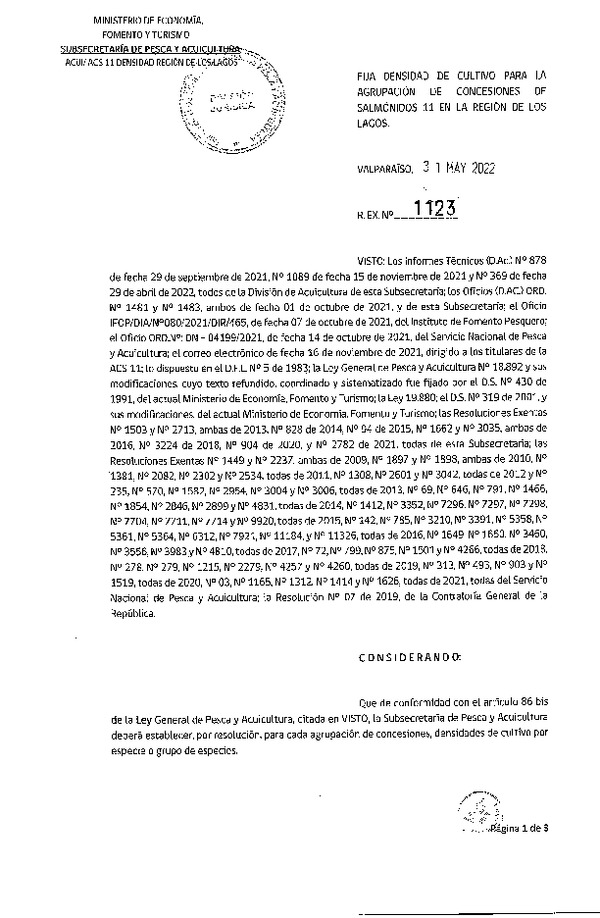 Res. Ex. N° 1123-2022, Fija Densidad de Cultivo para las Agrupación de Concesiones de Salmónidos 11 en la Región de Los Lagos. (Publicado en Página Web 02-06-2022)