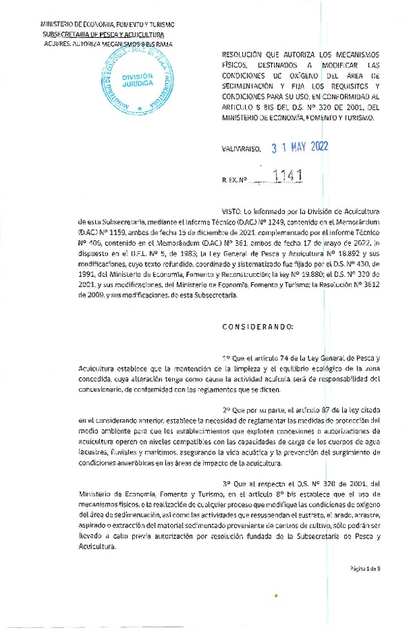 Res. Ex. N° 1141-2022 Autoriza los Mecanismos Físico, Destinados a Modifica las Condiciones de Oxígeno del Área de Sedimentación y Fija Los Requisitos y Condiciones para su Uso, en Conformidad al Artículo 8 Bis del D.S. N° 320 de 2001, del Ministerio de Economía, Fomento y Turismo. (Publicado en Página Web 02-06-2022)