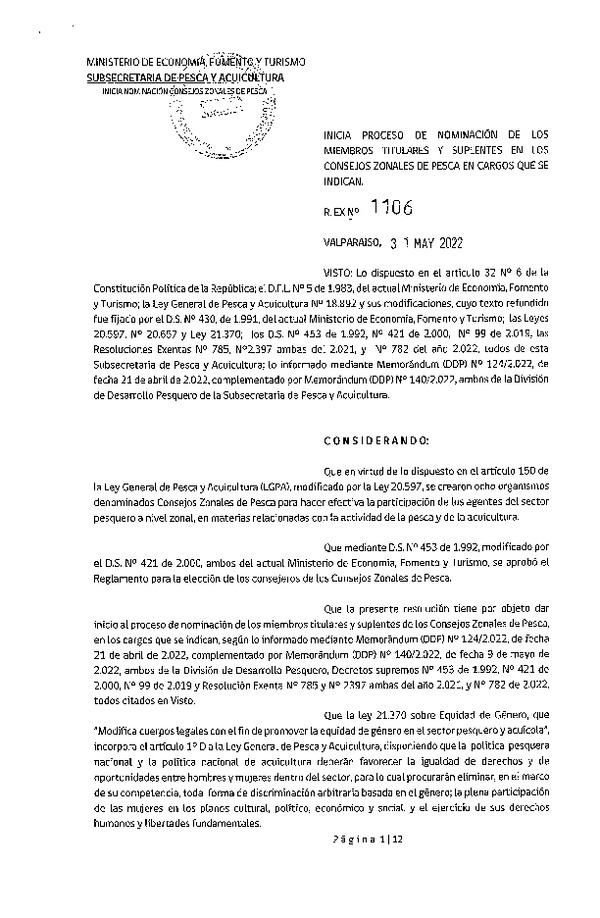 Res. Ex. N° 1106-2022 Inicia Proceso de Nominación de los Miembros Titulares y Suplentes en los Consejos Zonales de Pesca en Cargos que se Indican. (Publicado en Página Web 02-06-2022)