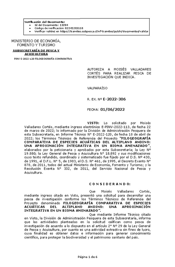 R. EX. Nº E-2022-306 FILOGEOGRAFÍA COMPARATIVA DE ESPECIES ACUÁTICAS DEL ALTIPLANO ANDINO: UNA APROXIMACIÓN INTEGRATIVA EN UN BIOMA AMENAZADO. (Publicado en Página Web 03-06-2022)