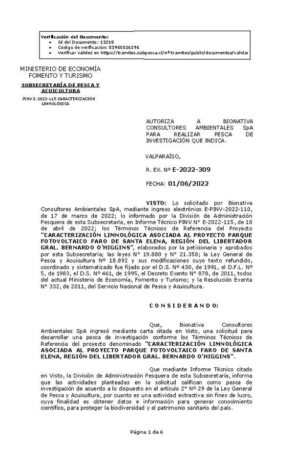 R. EX. Nº E-2022-309 CARACTERIZACIÓN LIMNOLÓGICA ASOCIADA AL PROYECTO PARQUE FOTOVOLTAICO FARO DE SANTA ELENA, REGIÓN DEL LIBERTADOR GRAL. BERNARDO O’HIGGINS. (Publicado en Página Web 03-06-2022)