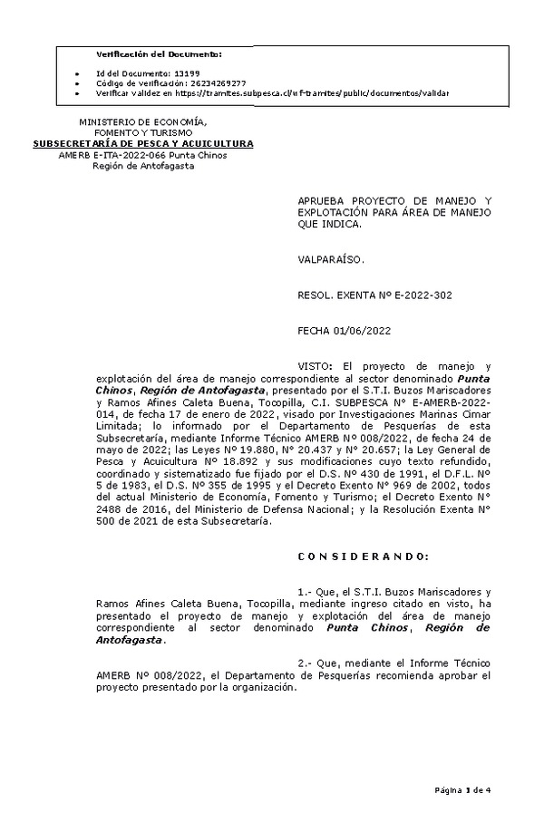 RESOL. EXENTA Nº E-2022-302 Aprueba plan de manejo. (Publicado en Página Web 03-06-2022)