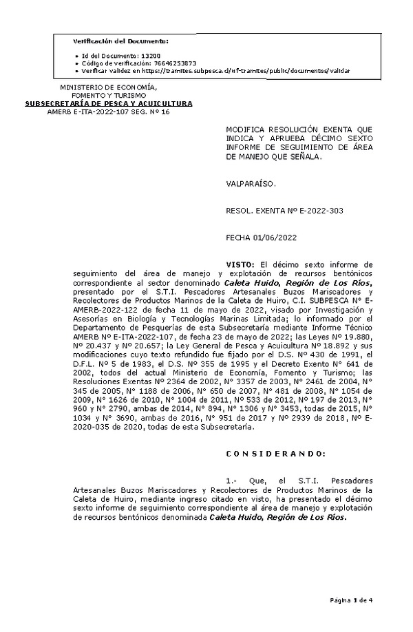 RESOL. EXENTA Nº E-2022-303 Modifica resolución que indica, Aprueba 16° seguimiento. (Publicado en Página Web 03-06-2022)