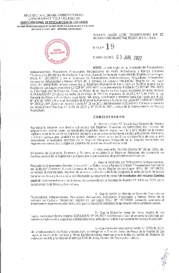 Res. Ex. N° 19-2022 (DZP Los Lagos) Autoriza cesión sardina austral Región de Los Lagos. (Publicado en Página Web 06-06-2022)