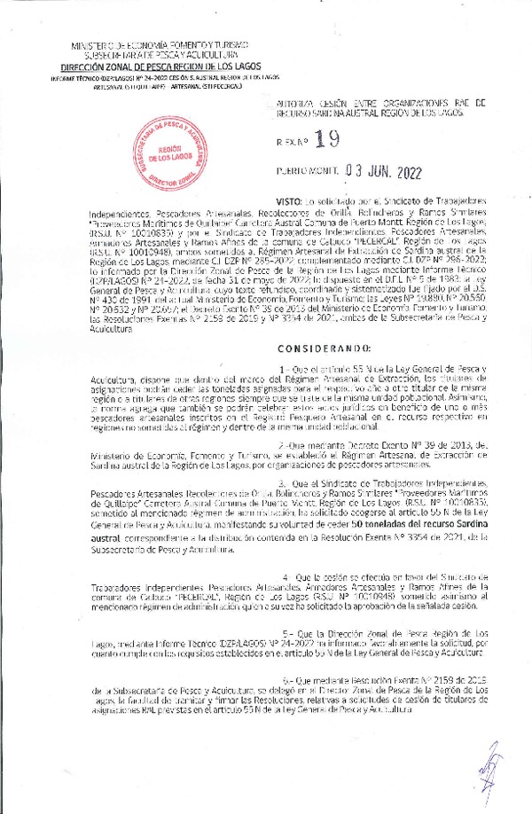 Res. Ex. N° 19-2022 (DZP Los Lagos) Autoriza cesión sardina austral Región de Los Lagos. (Publicado en Página Web 06-06-2022)