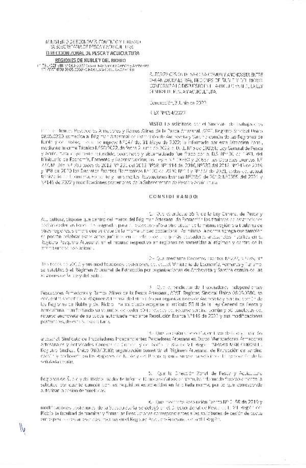 Res. Ex. N° 054-2022 (DZP Ñuble y del Biobío) Autoriza cesión Sardina común y Anchoveta. (Publicado en Página Web 06-06-2022)