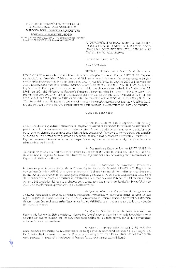 Res. Ex. N° 055-2022 (DZP Ñuble y del Biobío) Autoriza cesión Sardina común y Anchoveta. (Publicado en Página Web 06-06-2022)