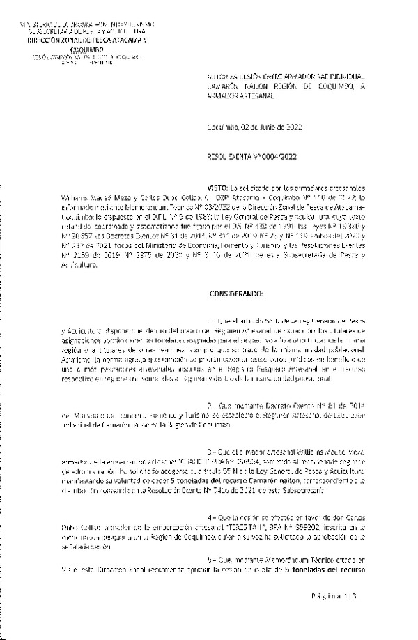 Res. Ex. N° 0004-2022 (DZP Atacama y Coquimbo) Autoriza cesión Camarón nailon, Región de Coquimbo. (Publicado en Página Web 06-06-2022)