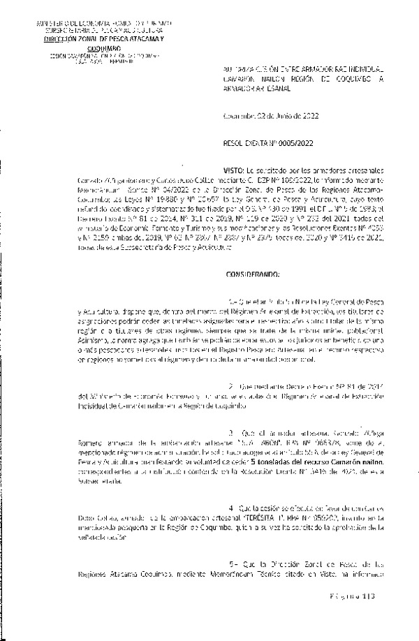 Res. Ex. N° 0005-2022 (DZP Atacama y Coquimbo) Autoriza cesión Camarón nailon, Región de Coquimbo. (Publicado en Página Web 06-06-2022)