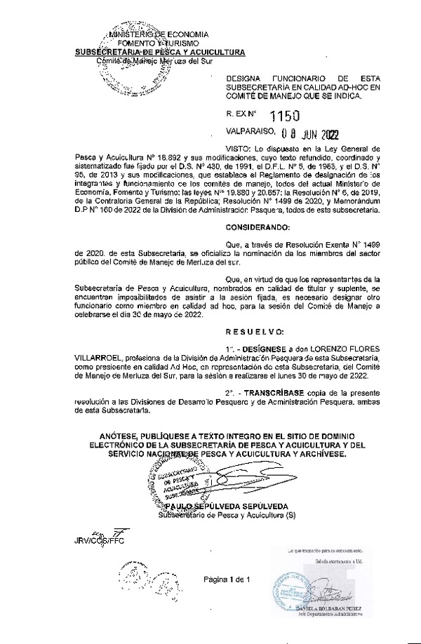 Res. Ex. N° 1150-2022 Designa Funcionario de Esta Subsecretaría en Calidad Ad-Hoc, en Comité de Manejo de Merluza del sur. (Publicado en Página Web 08-06-2022)