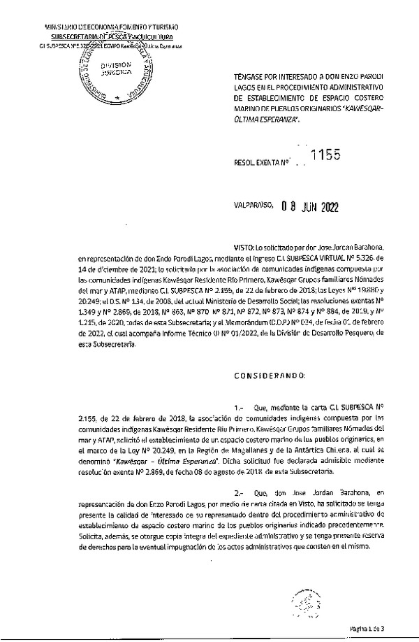 Res. Ex. N° 1155-2022 Tiene por Interesado a don Enzo Parodi Lagos en Procedimiento Administrativo de Establecimiento de ECMPO Kawésqar-Última Esperanza. (Publicado en Página Web 08-06-2022)