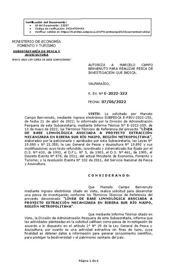 R. EX. Nº E-2022-322 LÍNEA DE BASE LIMNOLÓGICA ASOCIADA A PROYECTO EXTRACCIÓN MECANIZADA EN RIBERA SUR RÍO MAIPO, REGIÓN METROPOLITANA. (Publicado en Página Web 08-06-2022)