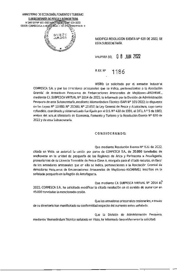 Res. Ex. N° 1186-2022 Modifica Res. Ex. N° 0620-2022 Autoriza Cesión Anchoveta, Regiones de Arica y Parinacota a Región de Antofagasta. (Publicado en Página Web 08-06-2022)