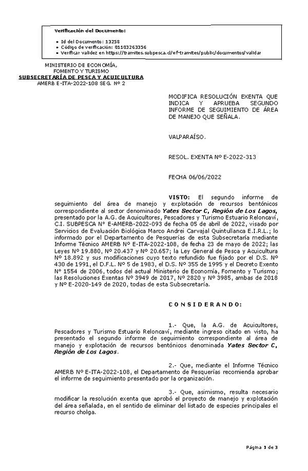 RESOL. EXENTA Nº E-2022-313 Modifica resolución que indica, Aprueba 2° Seguimiento. (Publicado en Página Web 08-06-2022)