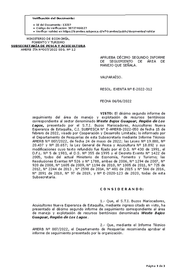 RESOL. EXENTA Nº E-2022-312 Aprueba 12° Seguimiento. (Publicado en Página Web 08-06-2022)