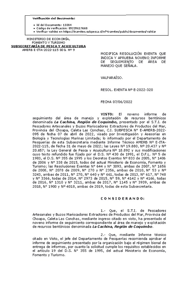 RESOL. EXENTA Nº E-2022-320 Modifica resolución que indica,  Aprueba 9° Seguimiento. (Publicado en Página Web 08-06-2022)