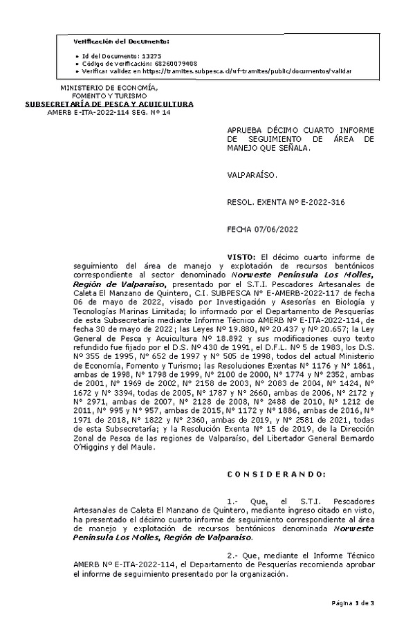 RESOL. EXENTA Nº E-2022-316 Aprueba 14° Seguimiento. (Publicado en Página Web 08-06-2022)