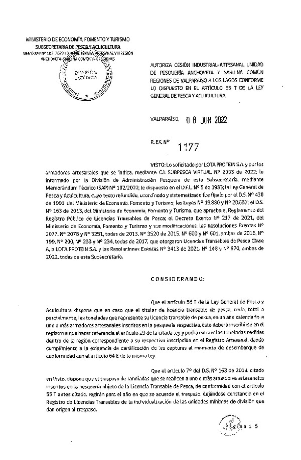 Res. Ex. N° 1177-2022, Autoriza Cesión unidad de pesquería Anchoveta y Sardina común, Regiones Valparaíso a Los Lagos. (Publicado en Página Web 08-06-2022)