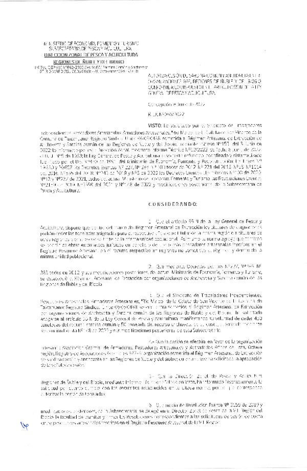 Res. Ex. N° 056-2022 (DZP Ñuble y del Biobío) Autoriza cesión Sardina común y Anchoveta. (Publicado en Página Web 09-06-2022)