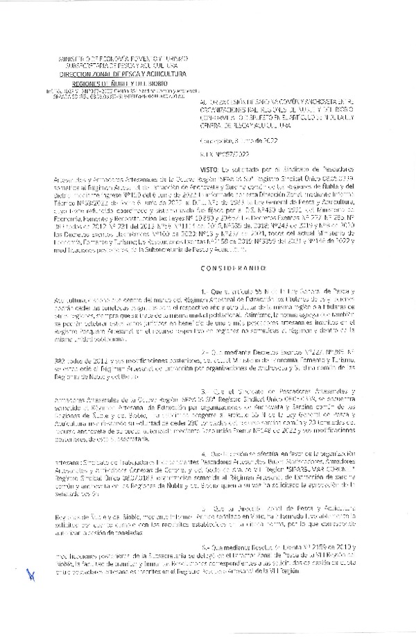 Res. Ex. N° 057-2022 (DZP Ñuble y del Biobío) Autoriza cesión Sardina común y Anchoveta. (Publicado en Página Web 09-06-2022)
