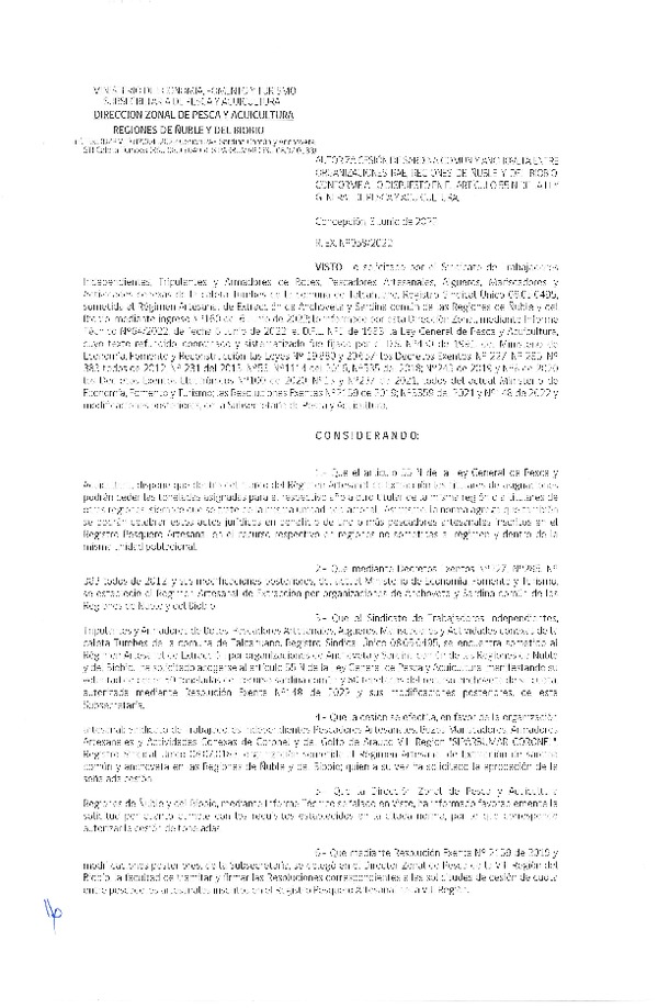 Res. Ex. N° 058-2022 (DZP Ñuble y del Biobío) Autoriza cesión Sardina común y Anchoveta. (Publicado en Página Web 09-06-2022)