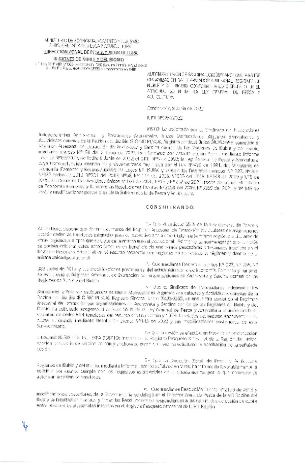 Res. Ex. N° 059-2022 (DZP Ñuble y del Biobío) Autoriza cesión Sardina común y Anchoveta. (Publicado en Página Web 09-06-2022)