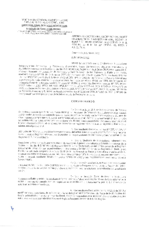 Res. Ex. N° 059-2022 (DZP Ñuble y del Biobío) Autoriza cesión Sardina común y Anchoveta. (Publicado en Página Web 09-06-2022)