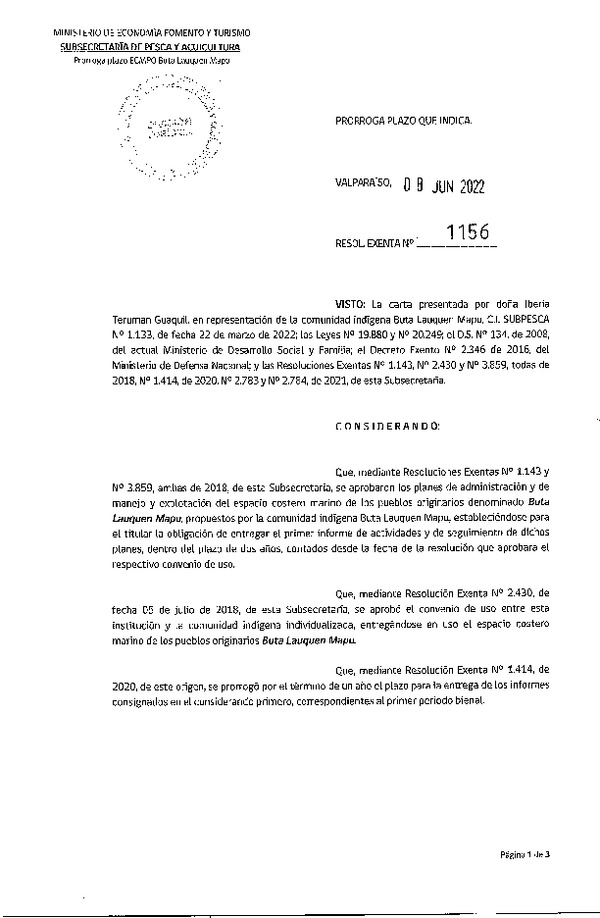 Res. Ex. N° 1156-2022 Prorroga plazo ECMPO Buta Lauquen Mapu. (Publicado en Página Web 09-06-2022)