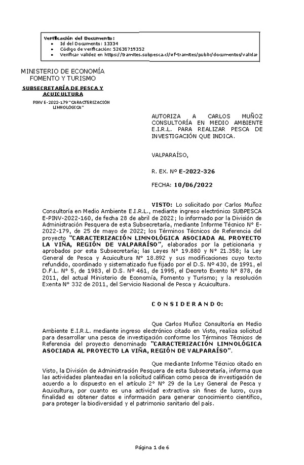 R. EX. Nº E-2022-326 CARACTERIZACIÓN LIMNOLÓGICA ASOCIADA AL PROYECTO LA VIÑA, REGIÓN DE VALPARAÍSO. (Publicado en Página Web 10-06-2022)