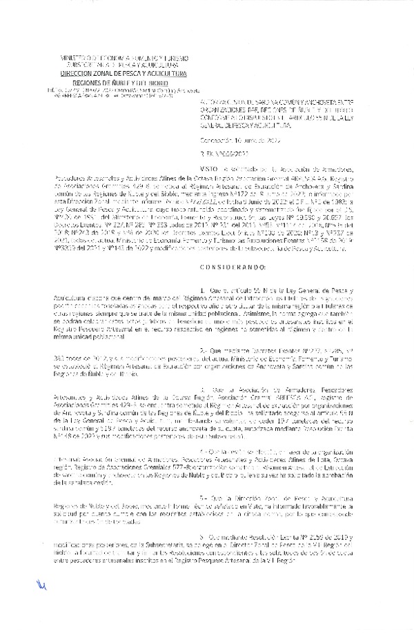 Res. Ex. N° 066-2022 (DZP Ñuble y del Biobío) Autoriza cesión Sardina común y Anchoveta. (Publicado en Página Web 10-06-2022)