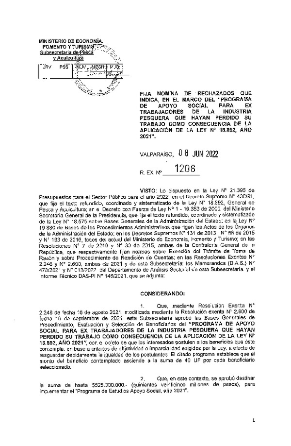 Res. Ex. N° 1208-2022 Fija nómina de rechazados que indica, en el marco del programa de apoyo que señala. (Publicado en Página Web 13-06-2022)