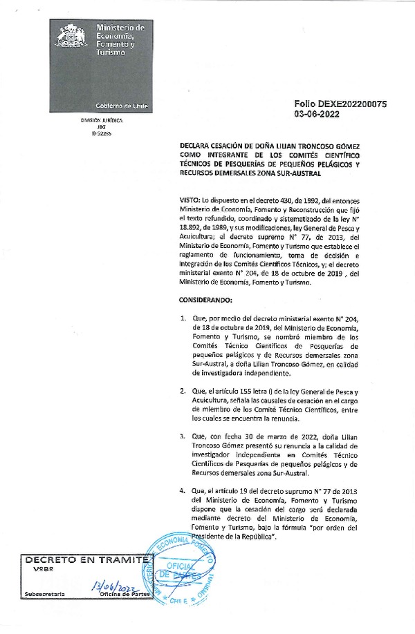 Dec. Ex. Folio N° 202200075 Declara Cesación de Doña Lilian Troncoso Gómez Como Integrante del Comités Científico Técnicos de Pequeños Pelágicos y Recursos Demersales Zona Sur-Austral. (Publicado en Página Web 14-06-2022)