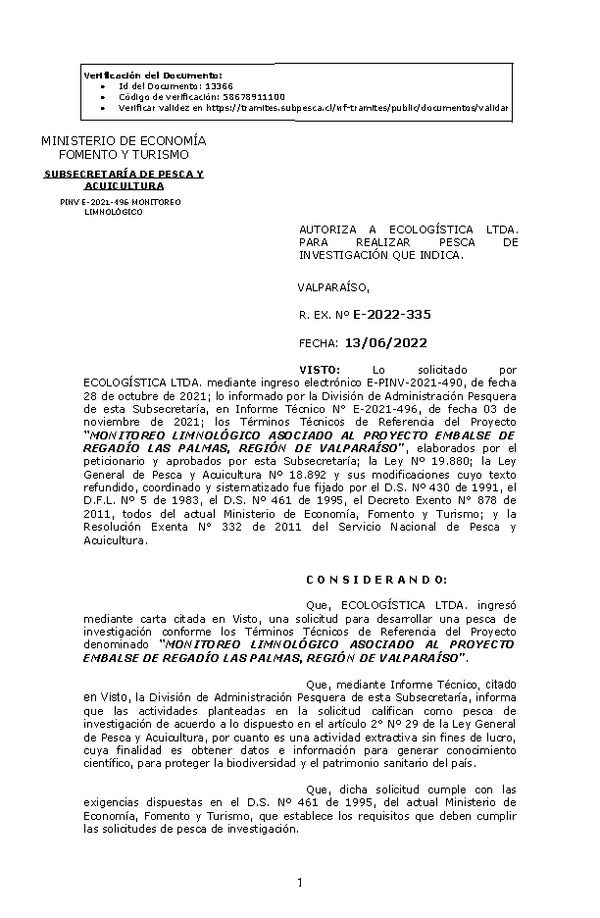 R. EX. Nº E-2022-335 MONITOREO LIMNOLÓGICO ASOCIADO AL PROYECTO EMBALSE DE REGADÍO LAS PALMAS, REGIÓN DE VALPARAÍSO. (Publicado en Página Web 14-06-2022)