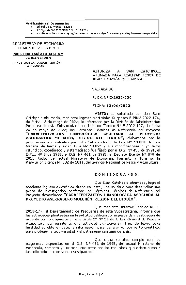 R. EX. Nº E-2022-336 CARACTERIZACIÓN LIMNOLÓGICA ASOCIADA AL PROYECTO ASERRADERO MULCHÉN, REGIÓN DEL BIOBÍO. (Publicado en Página Web 14-06-2022)