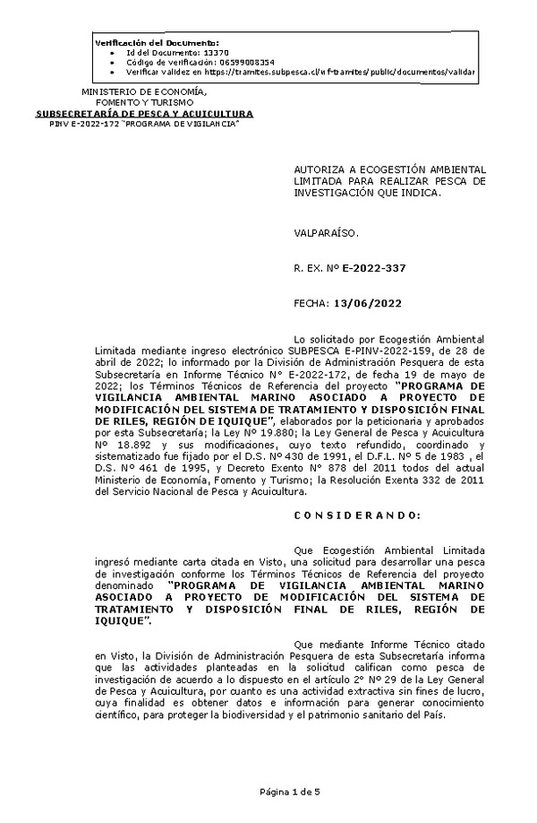 R. EX. Nº E-2022-337 PROGRAMA DE VIGILANCIA AMBIENTAL MARINO ASOCIADO A PROYECTO DE MODIFICACIÓN DEL SISTEMA DE TRATAMIENTO Y DISPOSICIÓN FINAL DE RILES, REGIÓN DE IQUIQUE. (Publicado en Página Web 14-06-2022)