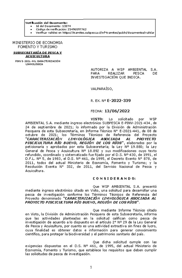 R. EX. Nº E-2022-339 CARACTERIZACIÓN LIMNOLÓGICA ASOCIADA AL PROYECTO PISCICULTURA RÍO BUENO, REGIÓN DE LOS RÍOS. (Publicado en Página Web 14-06-2022)