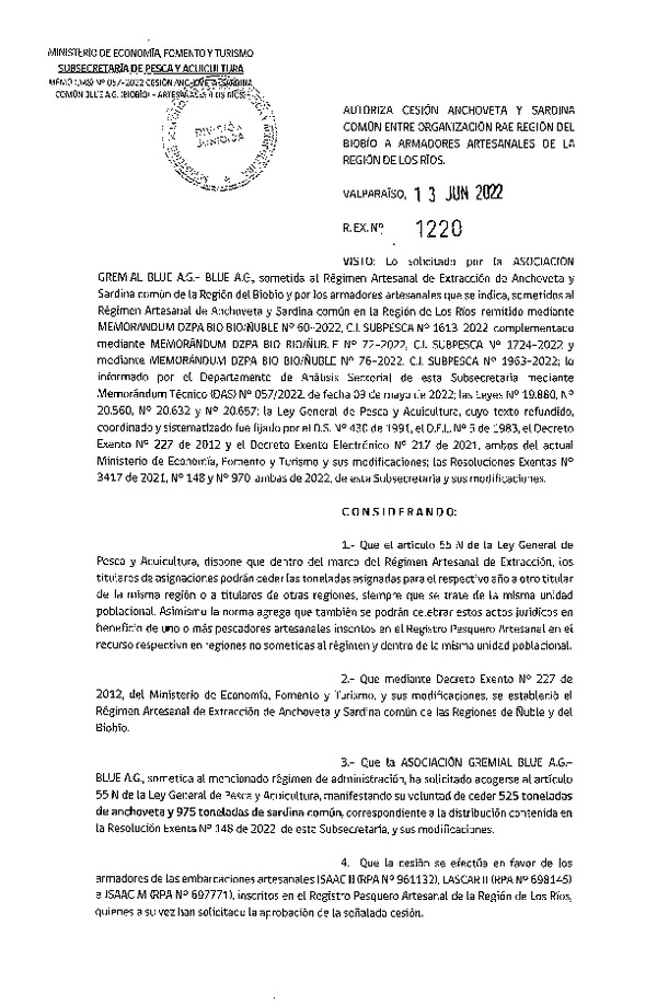 Res. Ex. N° 1220-2022 Autoriza Cesión de Anchoveta y Sardina común, Regiones del Biobío  a Los Ríos. (Publicado en Página Web 14-06-2022)