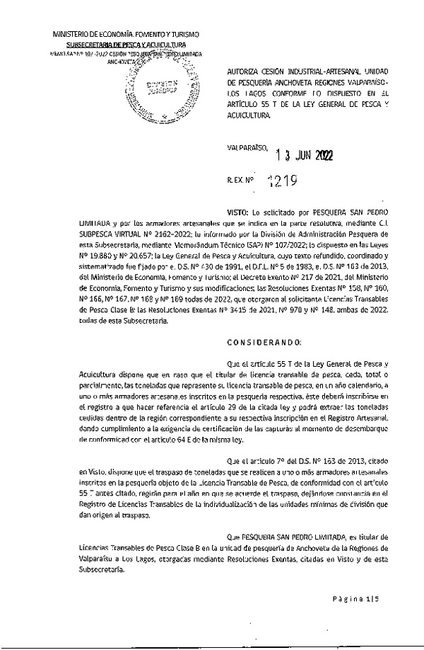 Res. Ex. N° 1219-2022, Autoriza Cesión unidad de pesquería Anchoveta y Sardina común, Regiones Valparaíso a Los Lagos. (Publicado en Página Web 14-06-2022)