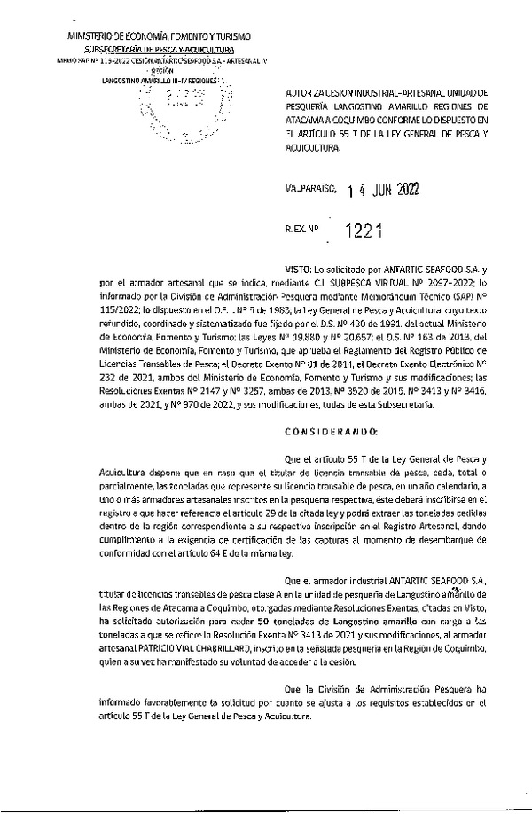 Res. Ex. N° 1221-2022, Autoriza Cesión unidad de pesquería Langostino amarillo, Regiones de Atacama a Coquimbo. (Publicado en Página Web 15-06-2022)